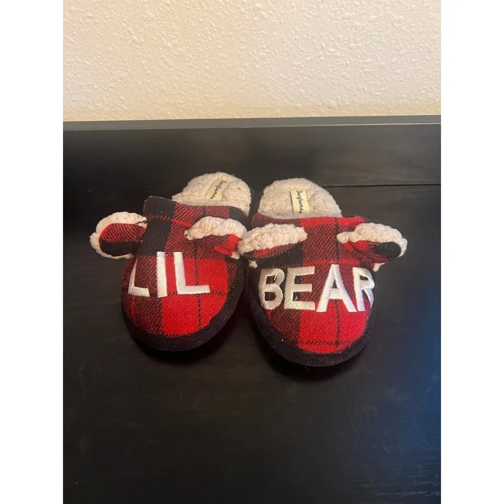 Lil Bear Checkered Plaid Red and Black Toddler Slippers Size 7-8